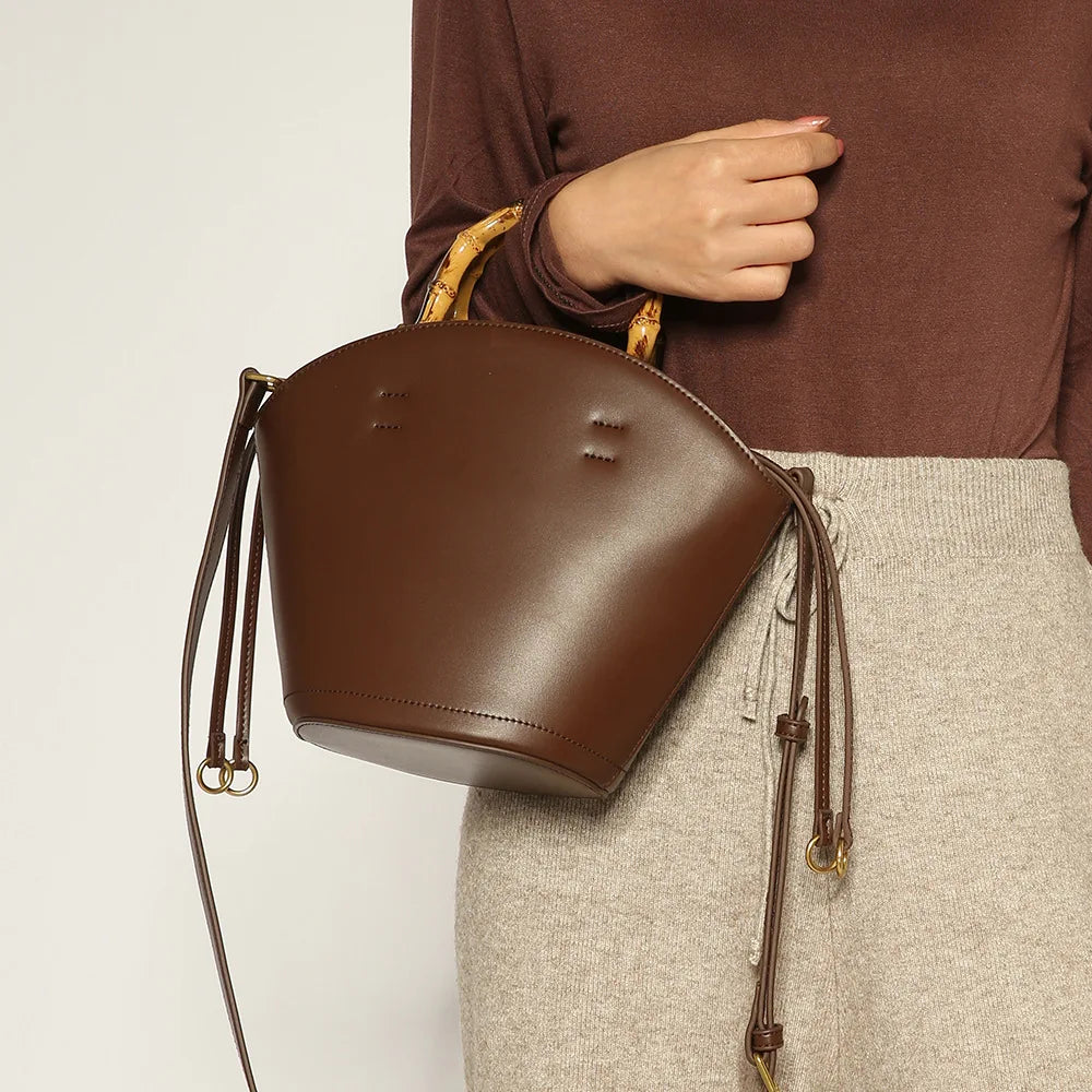 Bamboo Handle Leather Bucket Crossbody