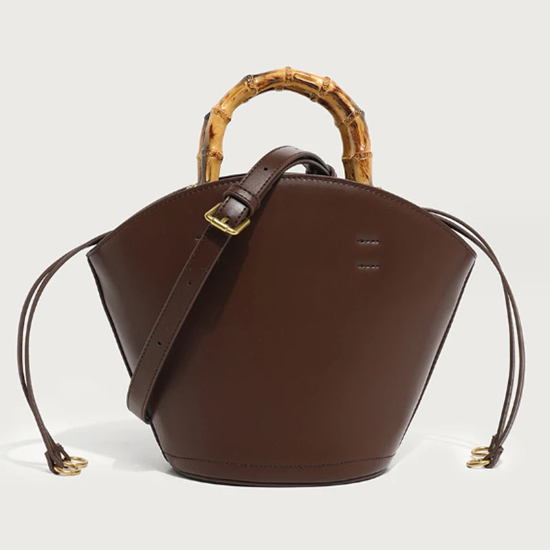 Bamboo Handle Leather Bucket Crossbody