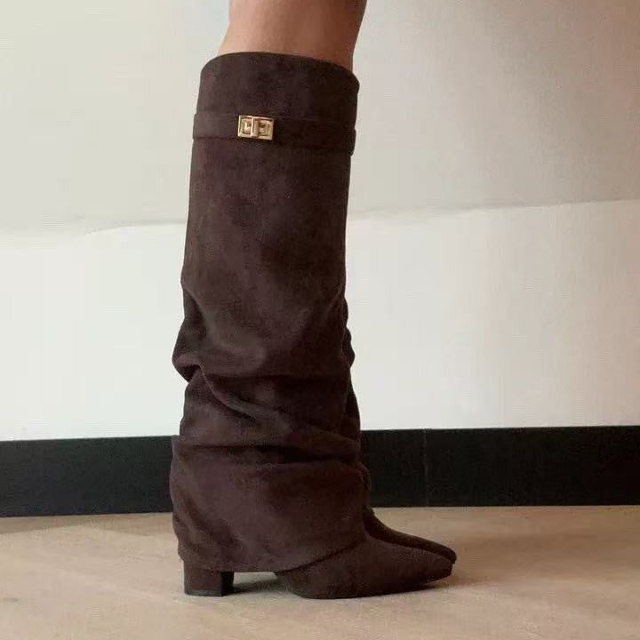 Metal Buckle Pleated Pipe Mid-Calf Boots