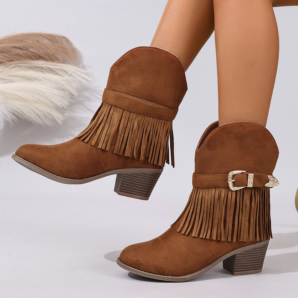 Fringe Belt Buckle Slip-On Ankle Boots