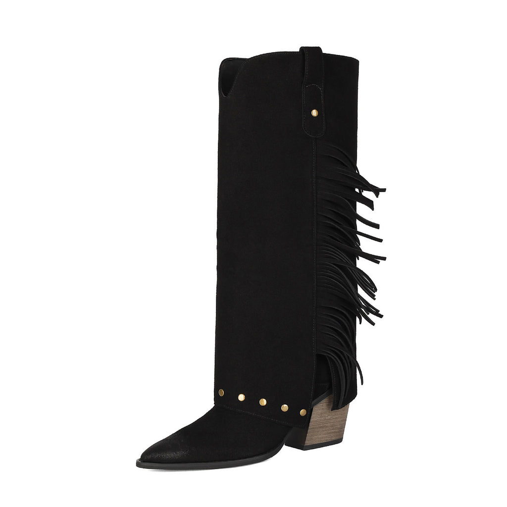 Fringe Studded Tall Western Boots