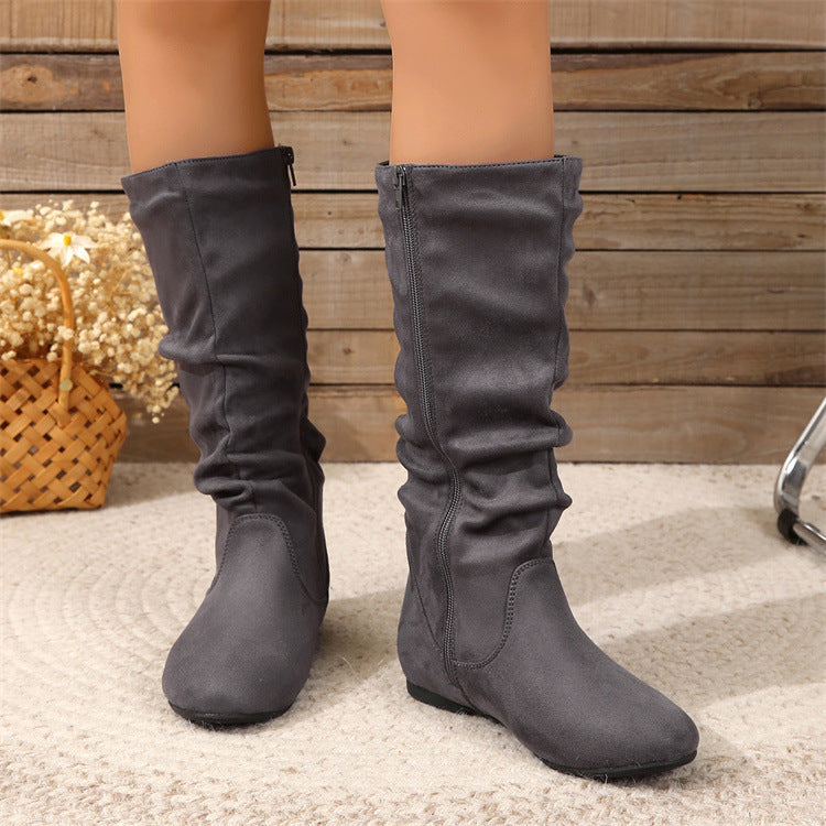 Pleated Side Zip Flat Mid-Calf Boots