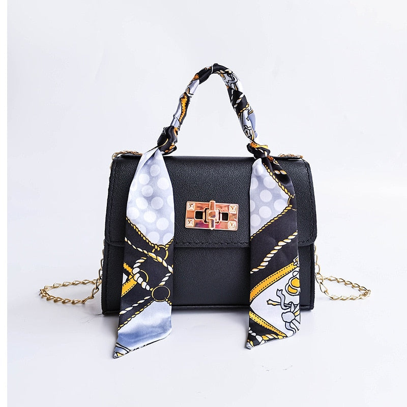 Silk Scarf Lock Chain Mini Square Bag