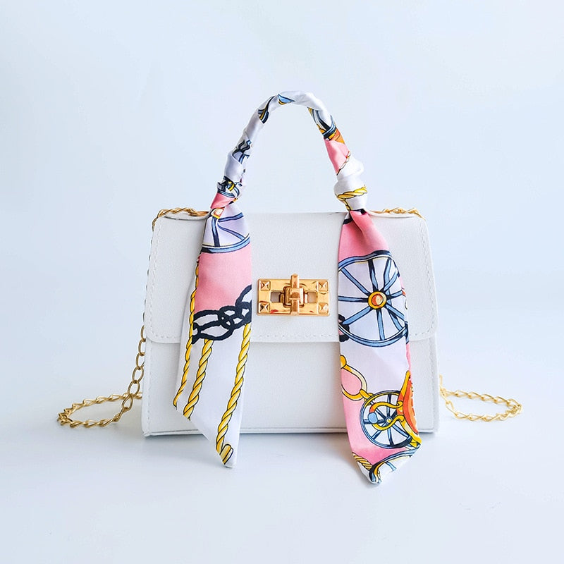 Silk Scarf Lock Chain Mini Square Bag