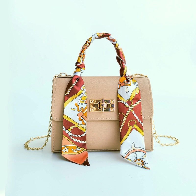 Silk Scarf Lock Chain Mini Square Bag