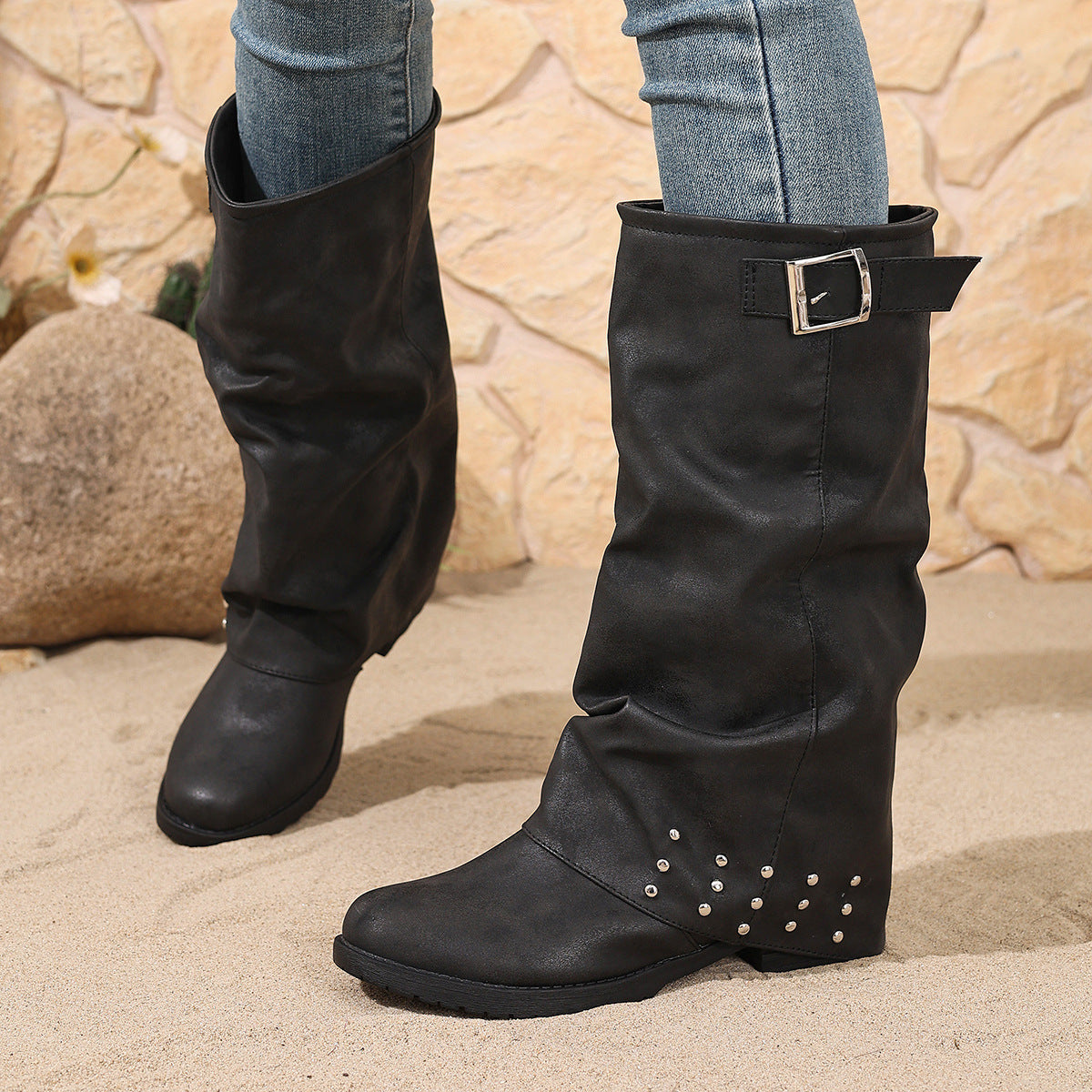 Copper Buckle Tassel Knight Mid-Calf Boots
