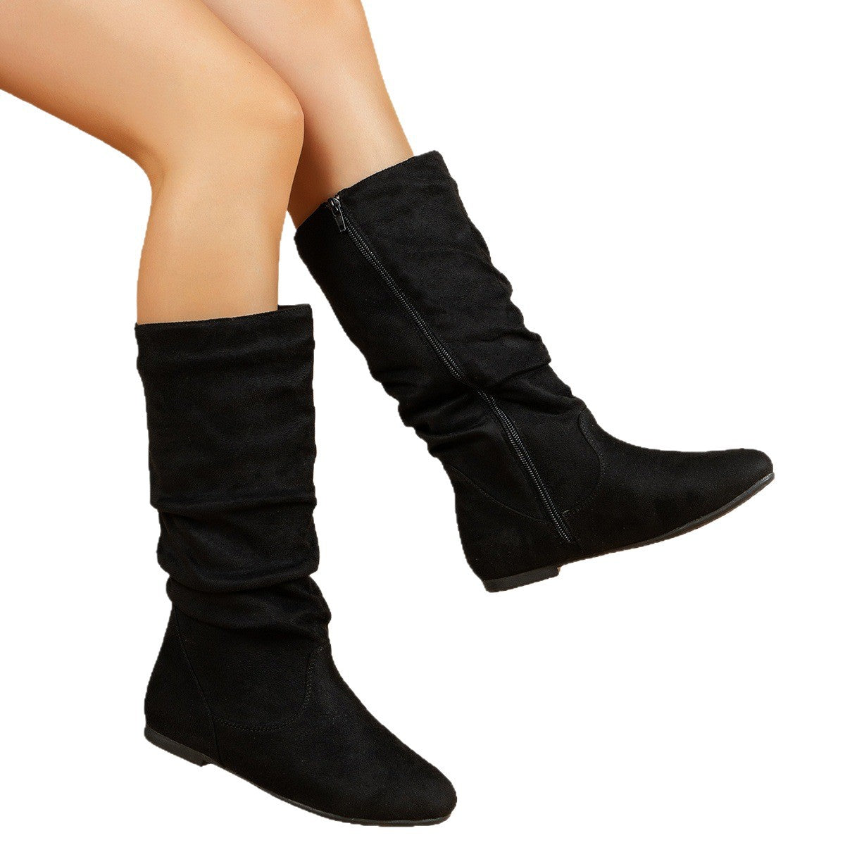 Pleated Side Zip Flat Mid-Calf Boots