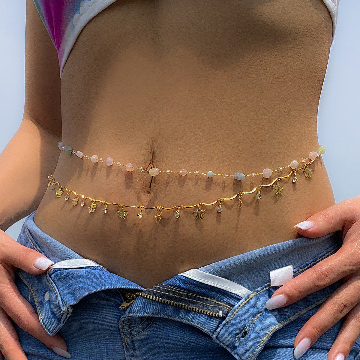 Double layered imitation crystal colored butterfly tassel body chain