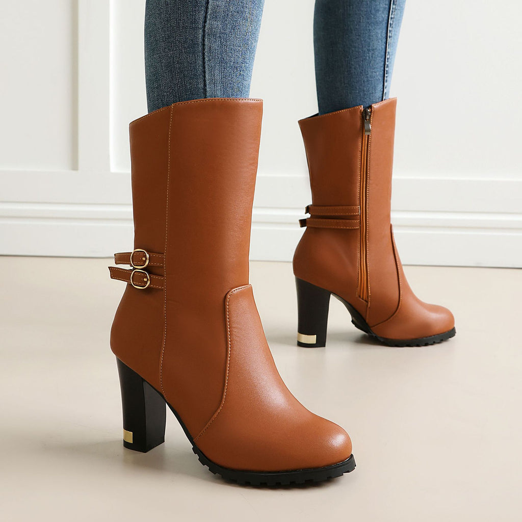 Side Zipper High Heel Mid-Calf Boots