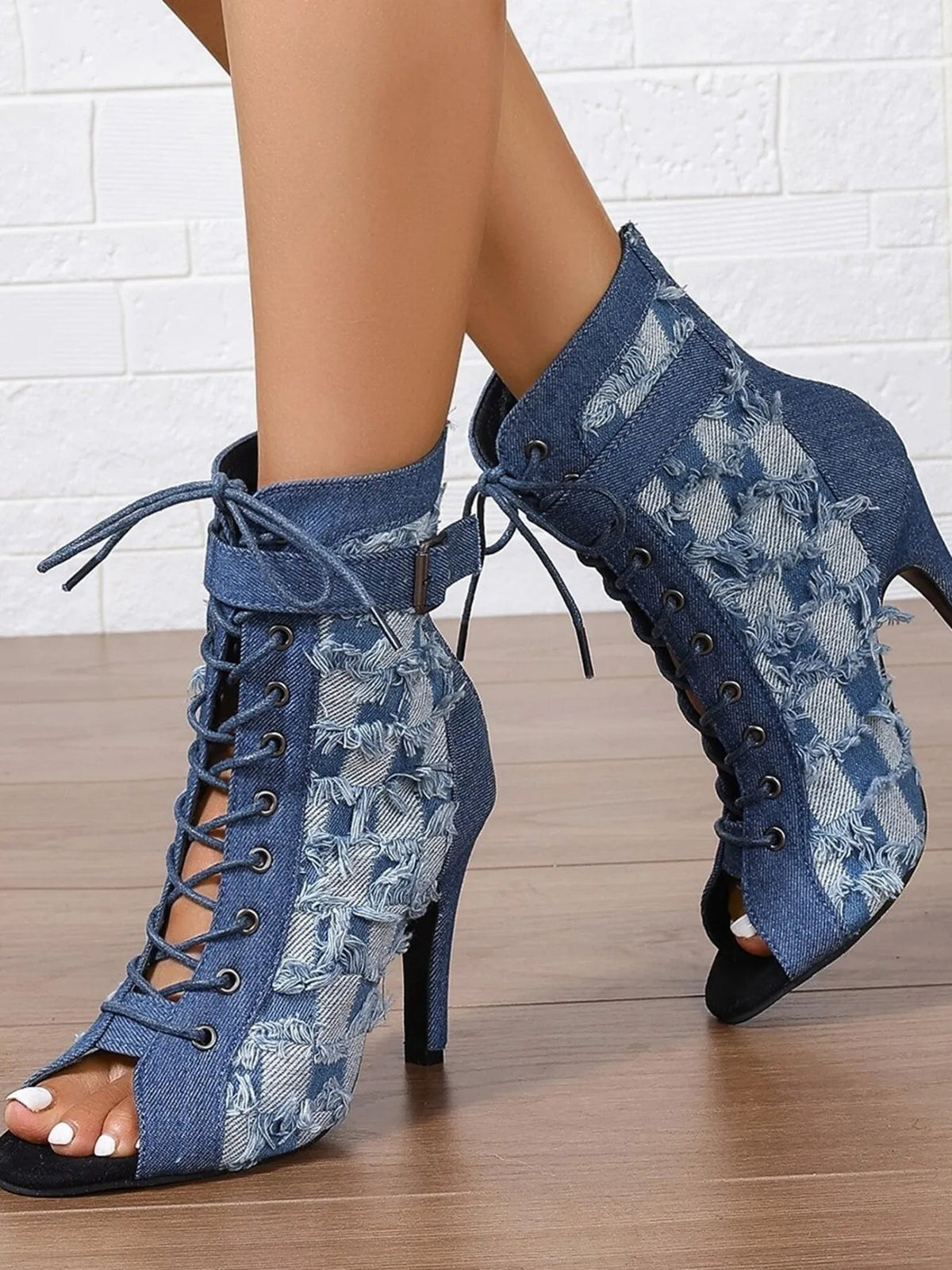 Distressed Denim Peep Toe Ankle Boots