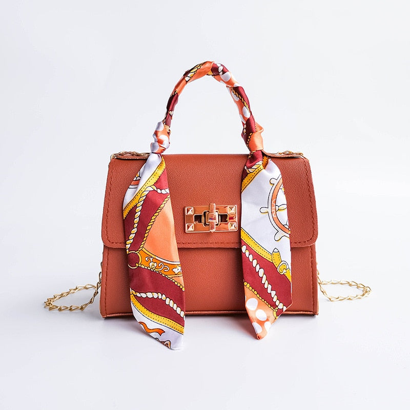 Silk Scarf Lock Chain Mini Square Bag