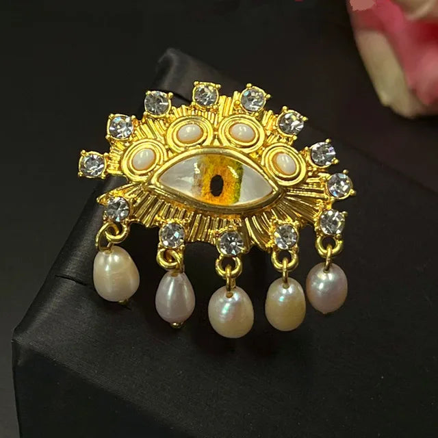 Personality Eye Open Ring Pearl Devil's Eye for Women Men Metal Rings Jewelry Brass 2024 New European Trendy