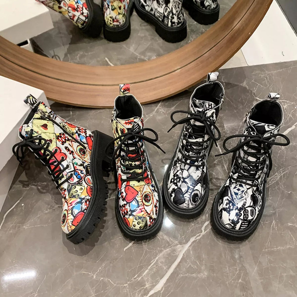 Graffiti Print Combat Boots