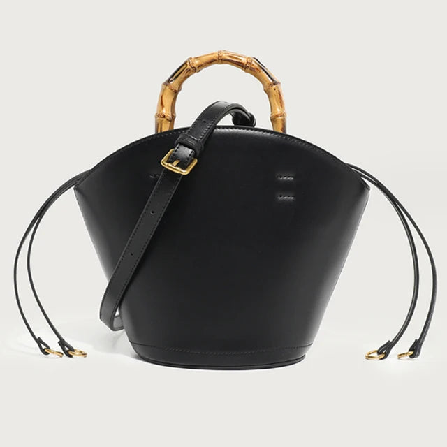 Bamboo Handle Leather Bucket Crossbody