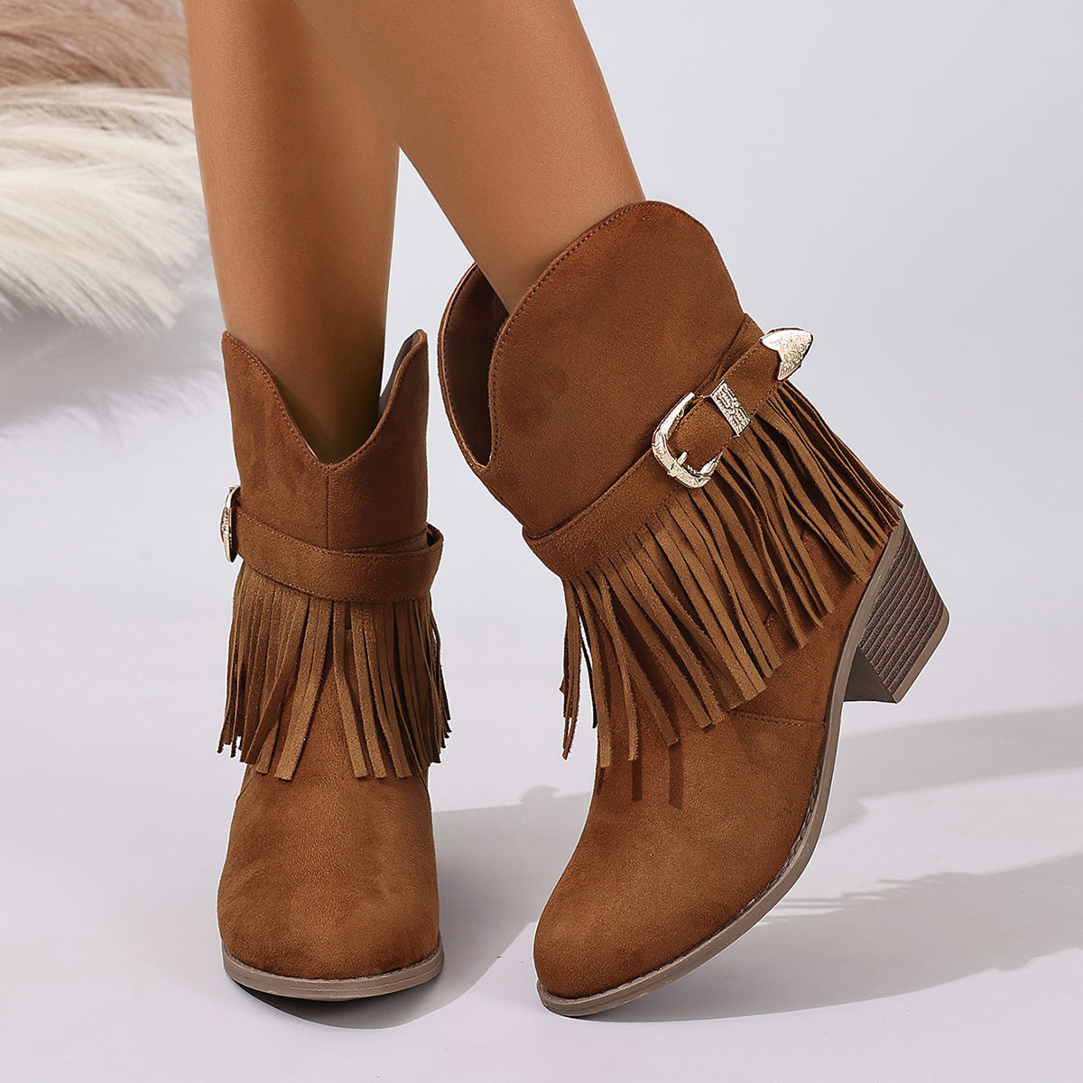 Fringe Belt Buckle Slip-On Ankle Boots