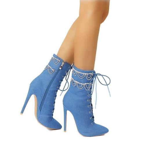 Rhinestone Chain Stiletto Pointed Toe Ankle Boots