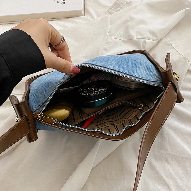 Fashion Women Pu Leather Handbag Large Capacity Denim Shoulder Bags For Women Casual Zipper Clutch Phone Sac Crossbody Bags