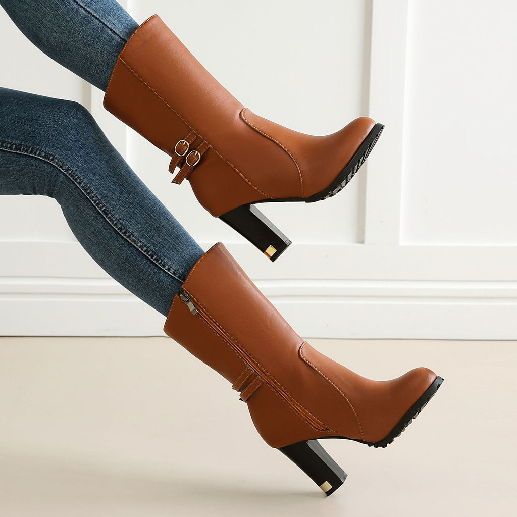 Side Zipper High Heel Mid-Calf Boots