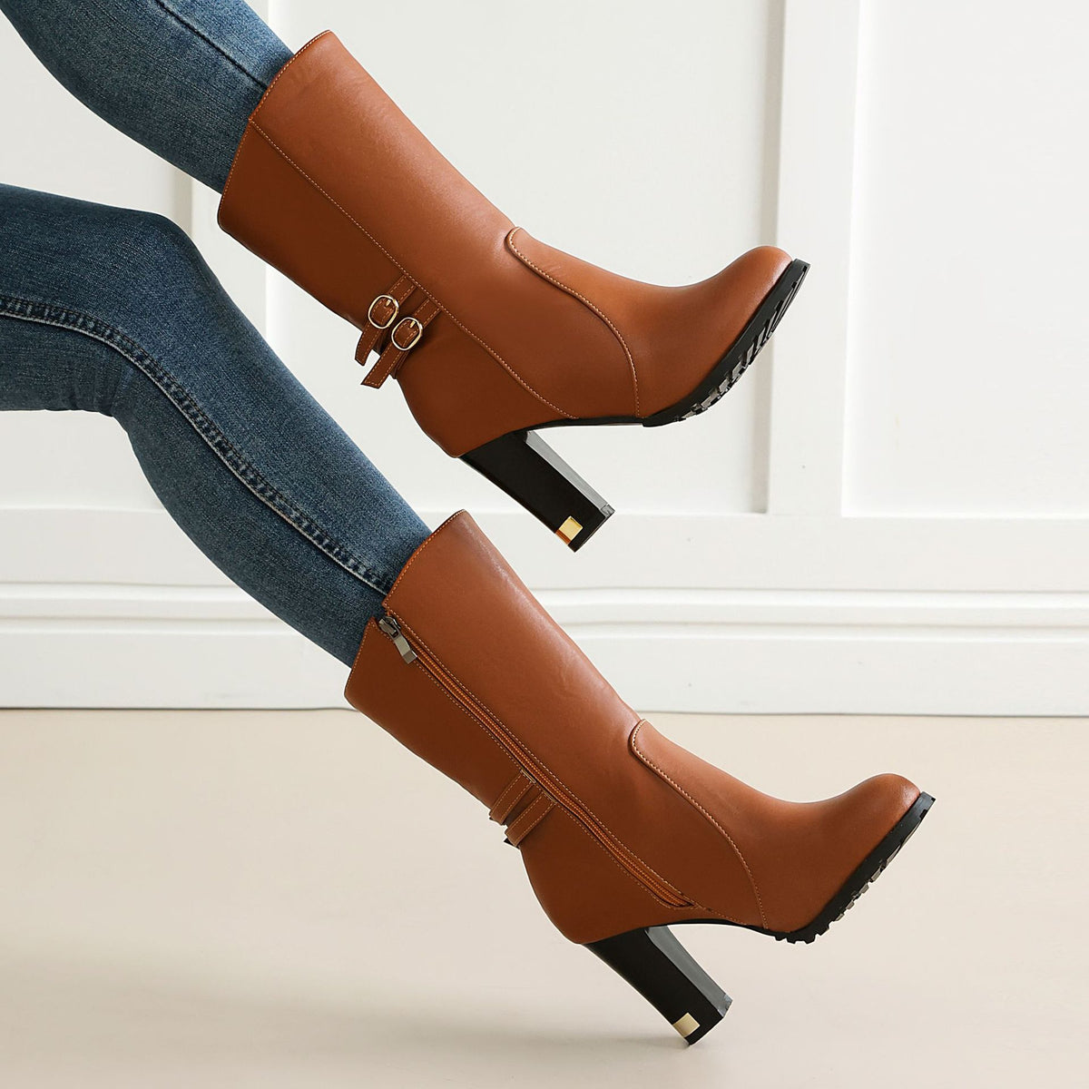 Side Zipper High Heel Mid-Calf Boots