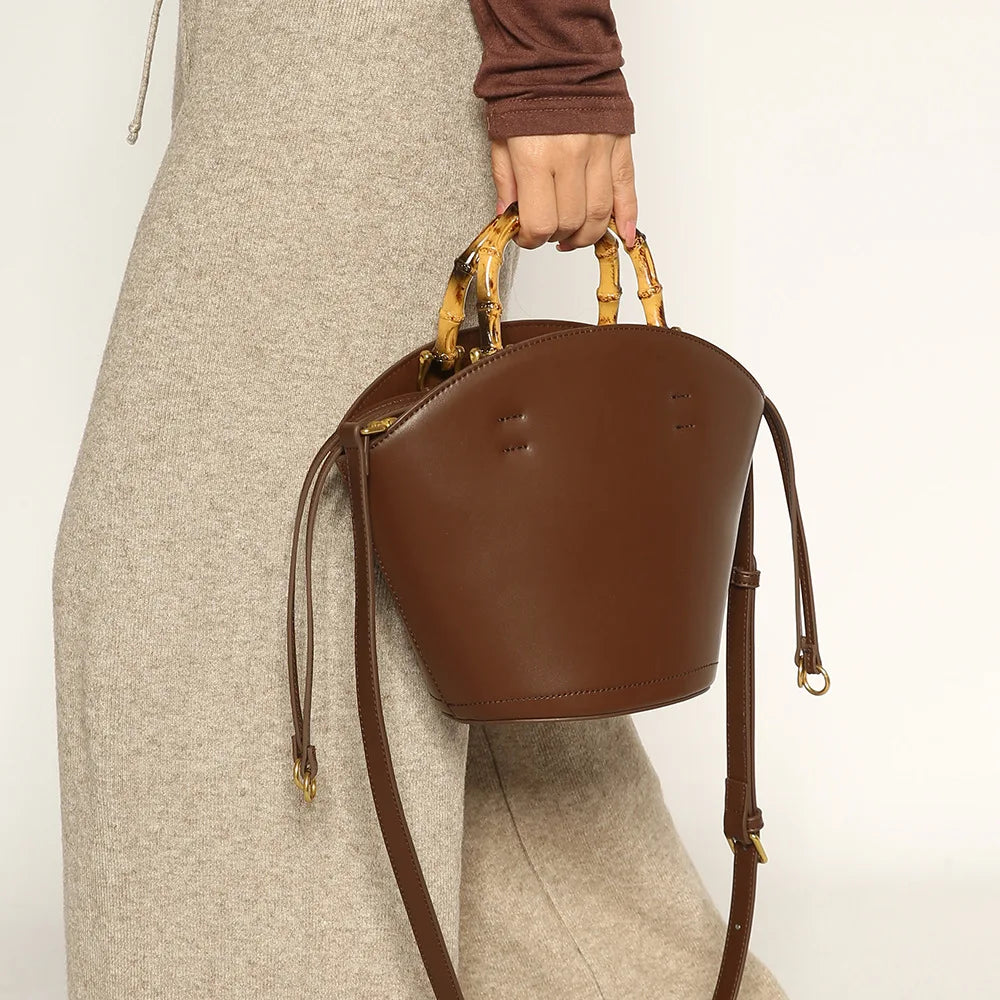 Bamboo Handle Leather Bucket Crossbody