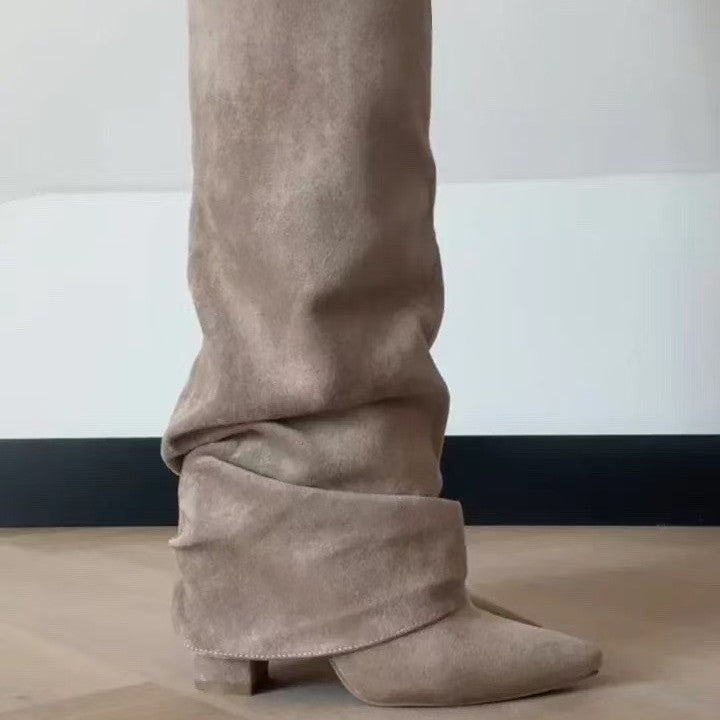 Metal Buckle Pleated Pipe Mid-Calf Boots