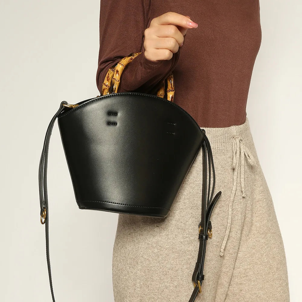 Bamboo Handle Leather Bucket Crossbody