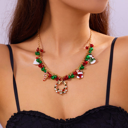 Christmas-themed Necklace for Women, Santa Claus Wreath Rhinestone Pendant, Christmas Bell and Tree Sweater Chain
