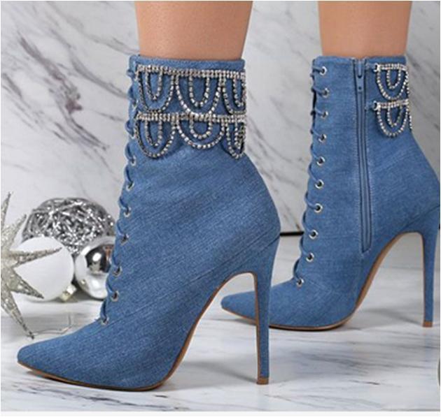Rhinestone Chain Stiletto Pointed Toe Ankle Boots