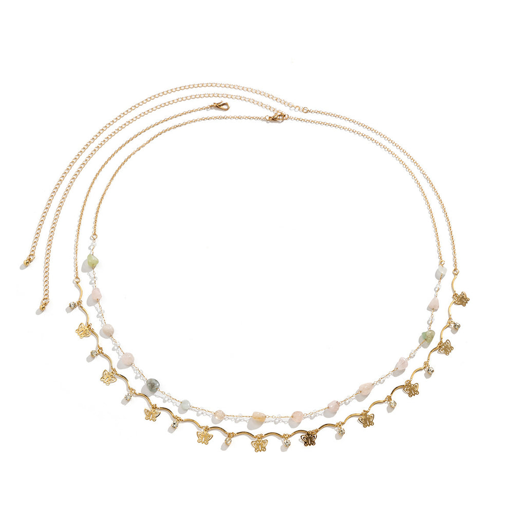 Double layered imitation crystal colored butterfly tassel body chain