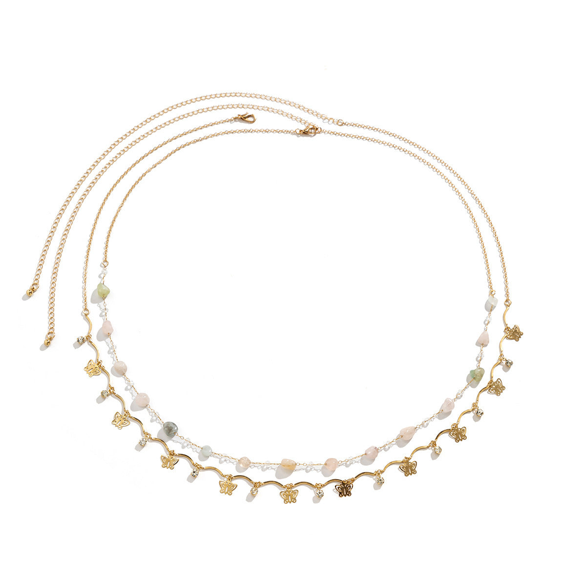 Double layered imitation crystal colored butterfly tassel body chain