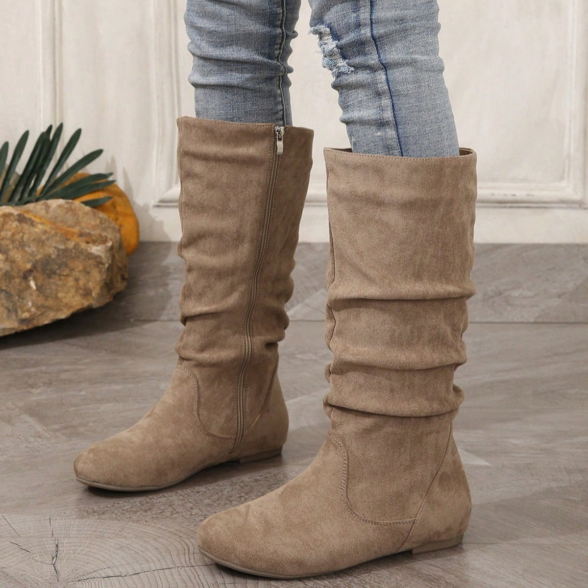 Pleated Side Zip Flat Mid-Calf Boots