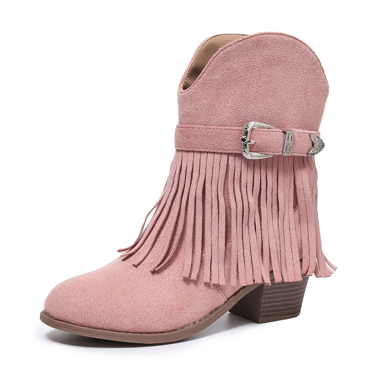 Fringe Belt Buckle Slip-On Ankle Boots