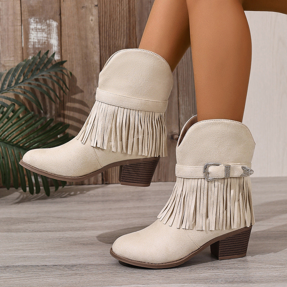 Fringe Belt Buckle Slip-On Ankle Boots