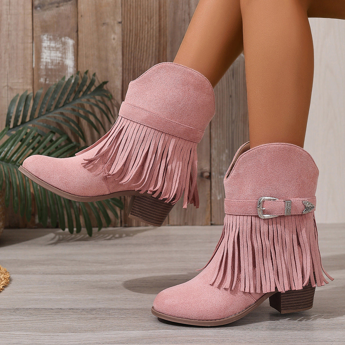 Fringe Belt Buckle Slip-On Ankle Boots