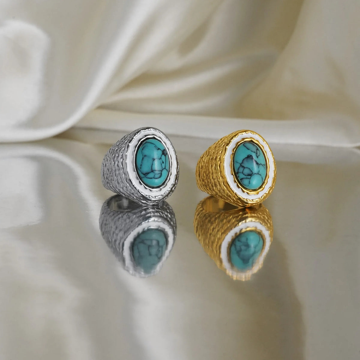 Vintage Natural Colorful Stone Ring For Woman Hollow Gold Silver Color Stainless Steel Ring Wide Thick Ring Party Jewelry Gifts