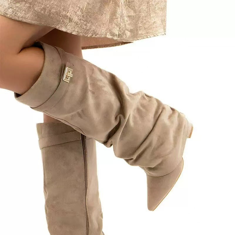 Metal Buckle Pleated Pipe Mid-Calf Boots