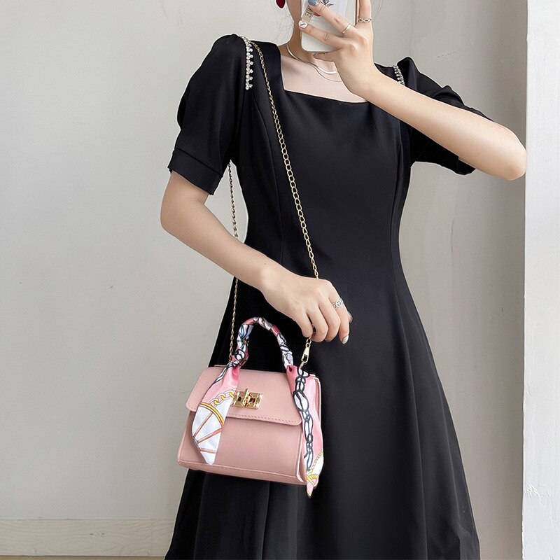 Silk Scarf Lock Chain Mini Square Bag