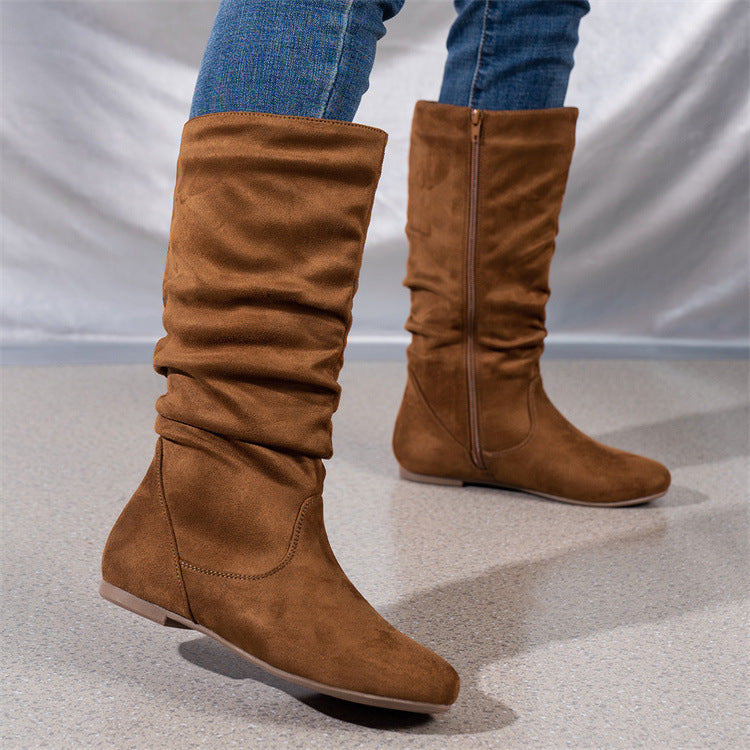 Pleated Side Zip Flat Mid-Calf Boots