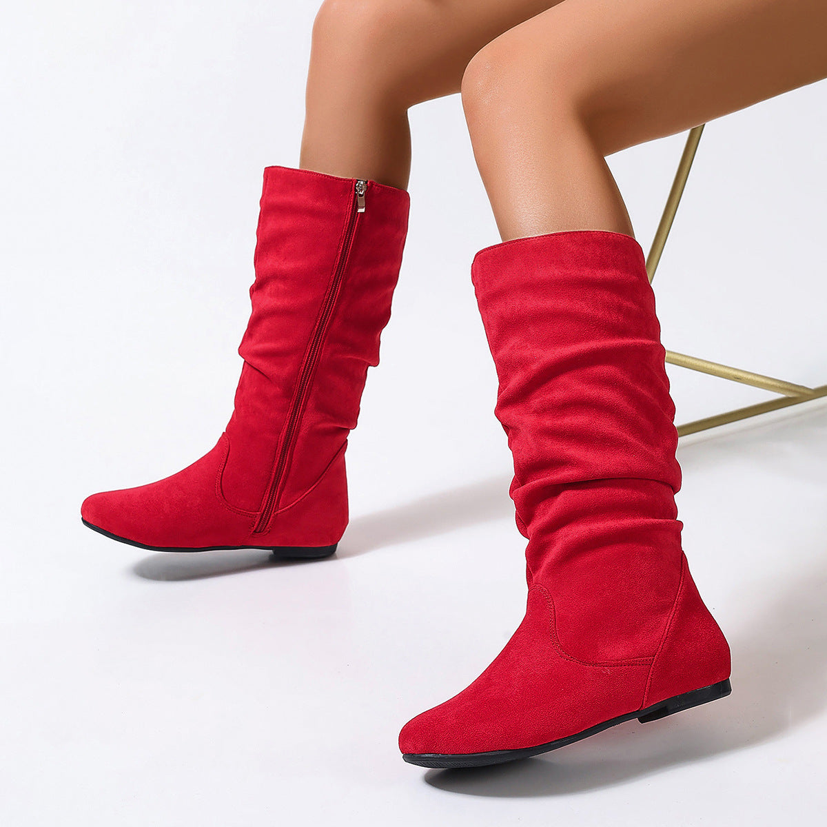 Pleated Side Zip Flat Mid-Calf Boots