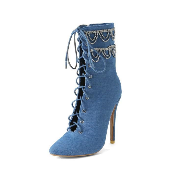 Rhinestone Chain Stiletto Pointed Toe Ankle Boots