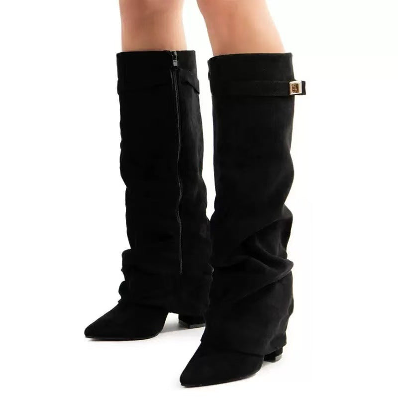 Metal Buckle Pleated Pipe Mid-Calf Boots