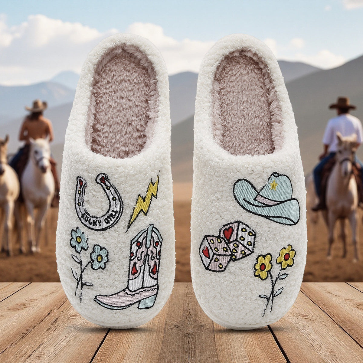 Western Denim Faux Fur Slippers