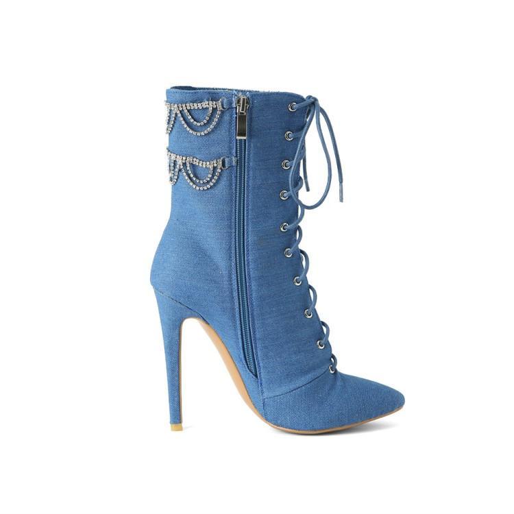 Rhinestone Chain Stiletto Pointed Toe Ankle Boots