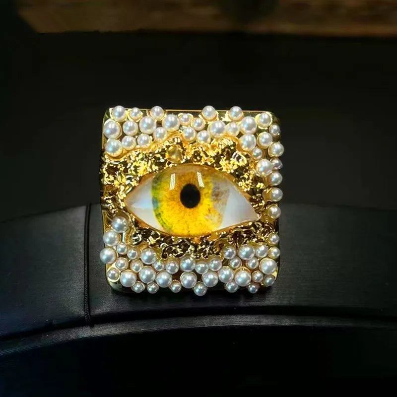 Personality Eye Open Ring Pearl Devil's Eye for Women Men Metal Rings Jewelry Brass 2024 New European Trendy