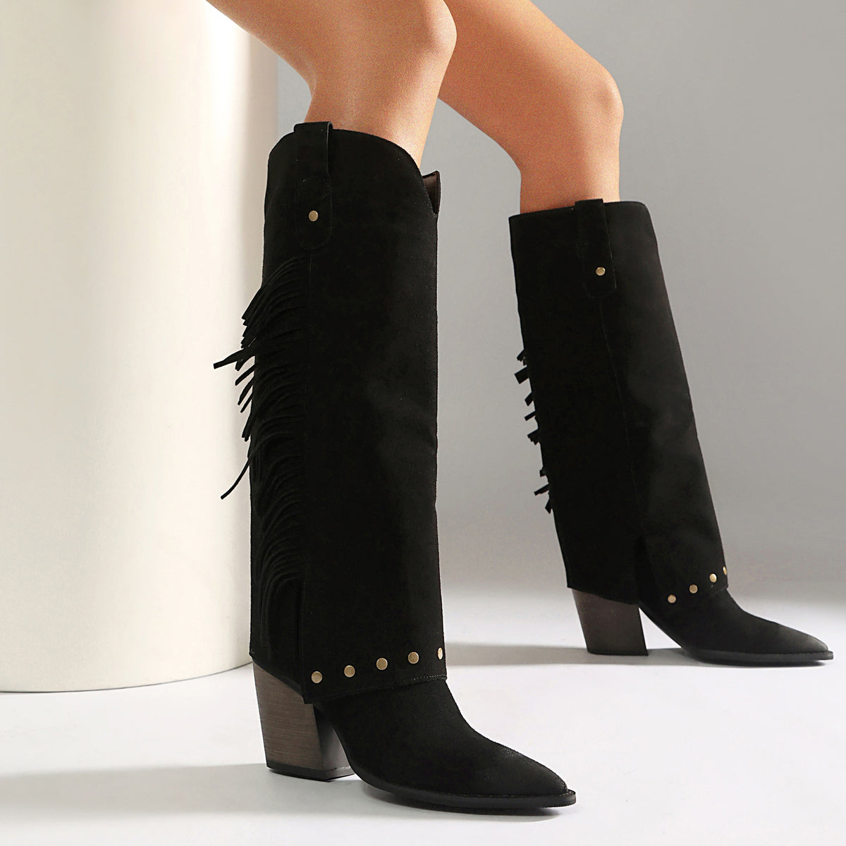 Fringe Studded Tall Western Boots
