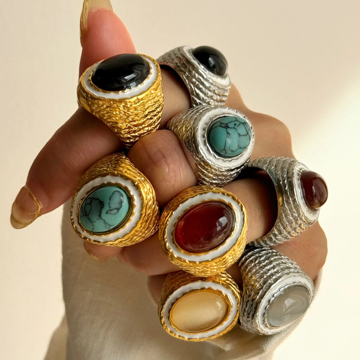 Vintage Natural Colorful Stone Ring For Woman Hollow Gold Silver Color Stainless Steel Ring Wide Thick Ring Party Jewelry Gifts