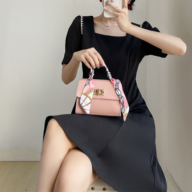 Silk Scarf Lock Chain Mini Square Bag