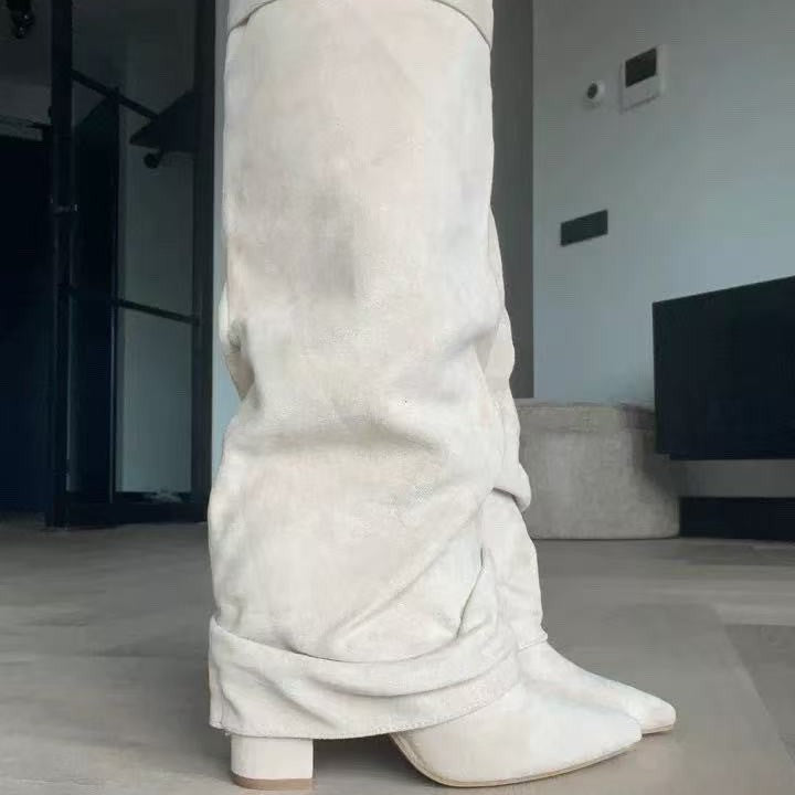 Metal Buckle Pleated Pipe Mid-Calf Boots