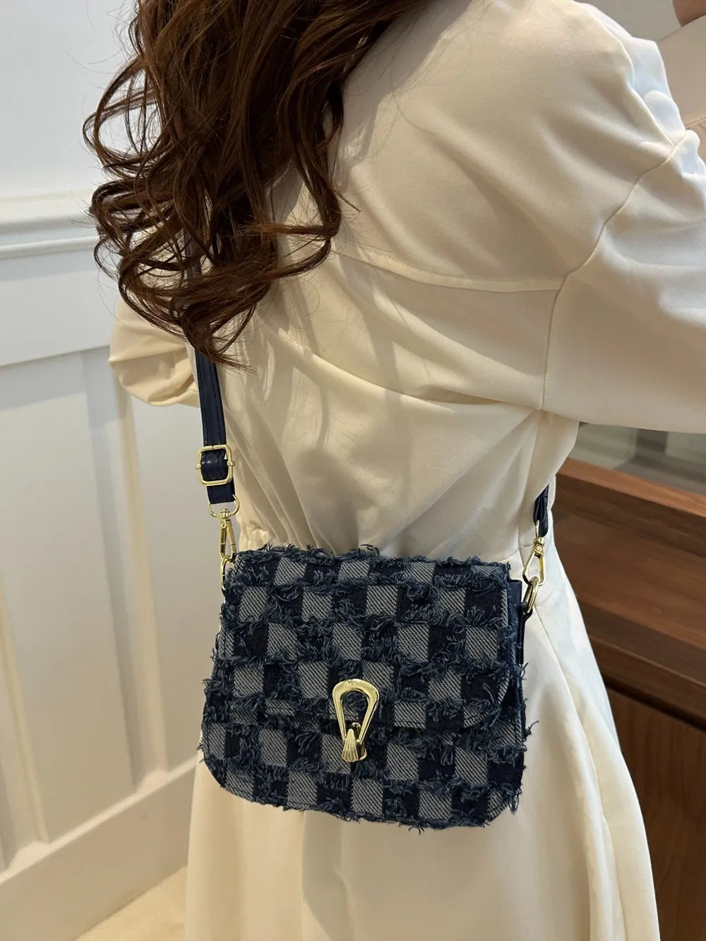 Checkered Raw Hem Adjustable Strap Crossbody Bag