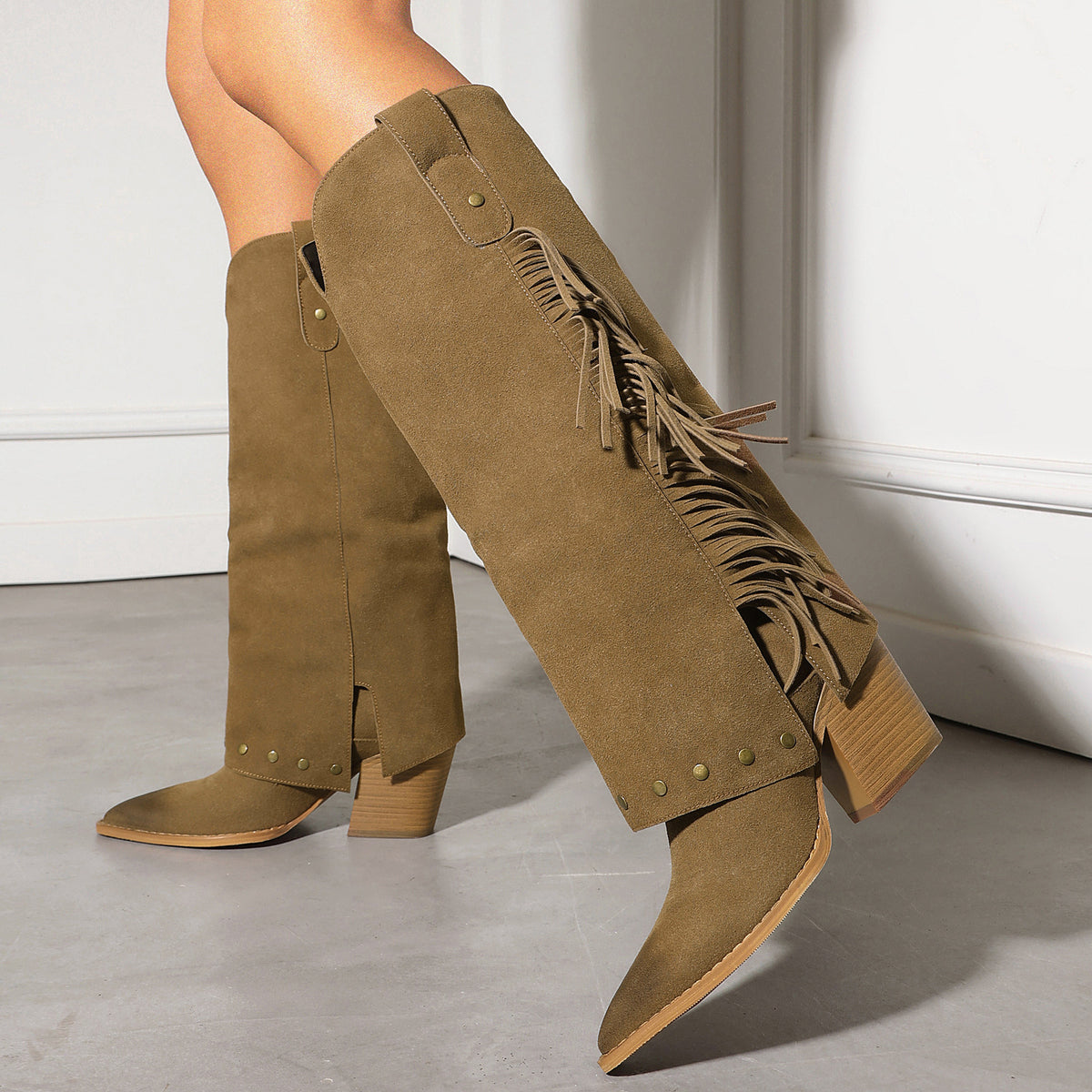 Fringe Studded Tall Western Boots
